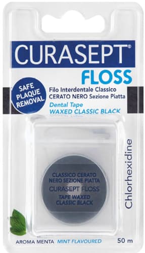 Curasept Floss Black voskovaná zubní nit s CHX (mint), 50 ks